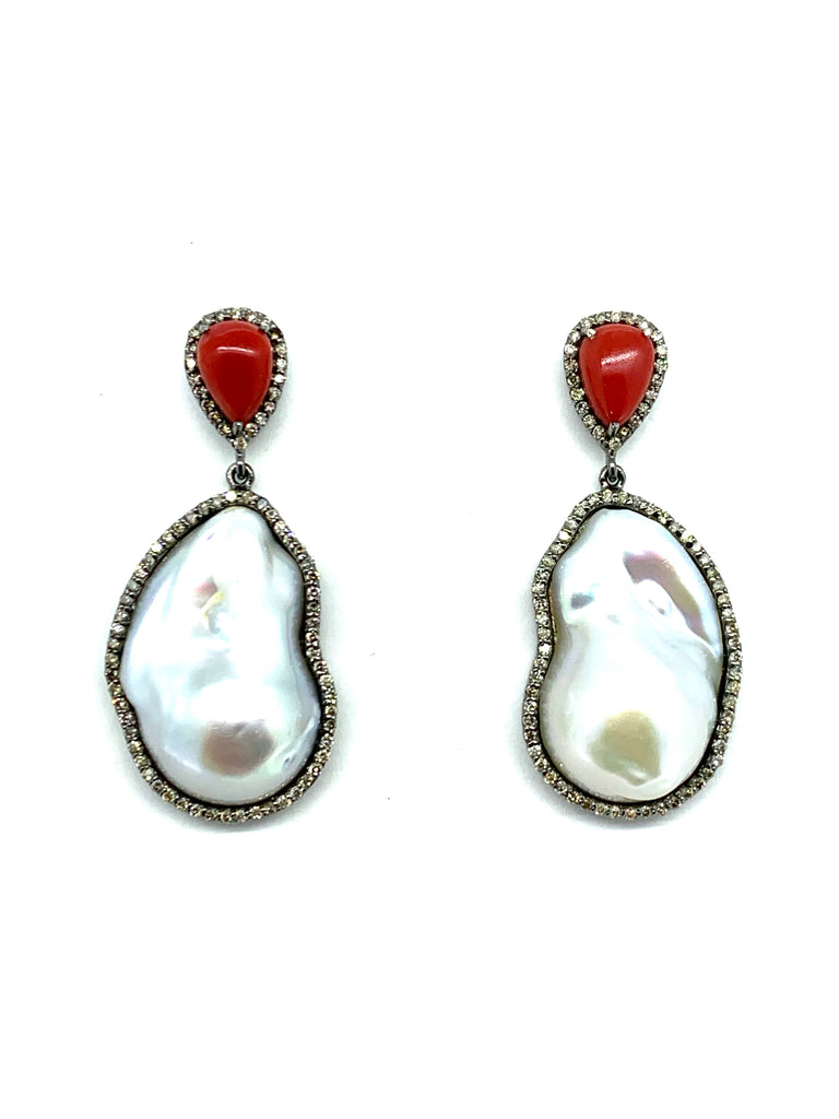Baroque Pearl, Red Coral and Diamond Earrings
