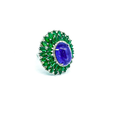 Cabochon Tanzanite Emerald and Diamond Statement Ring
