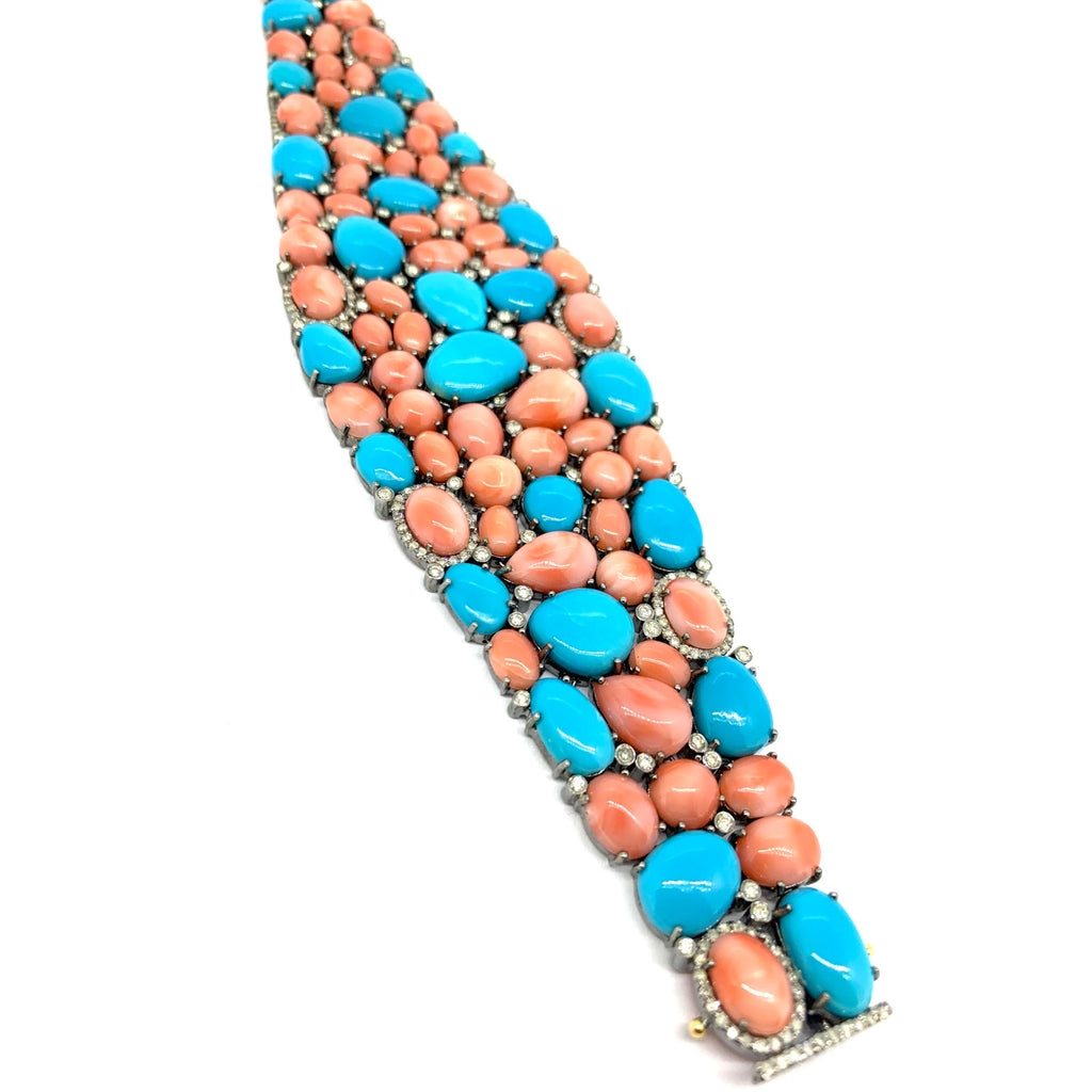 Turquoise Diamond and Coral Bracelet
