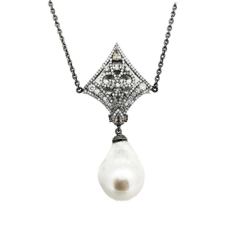 Antique Style Pearl and diamond Pendant Necklace