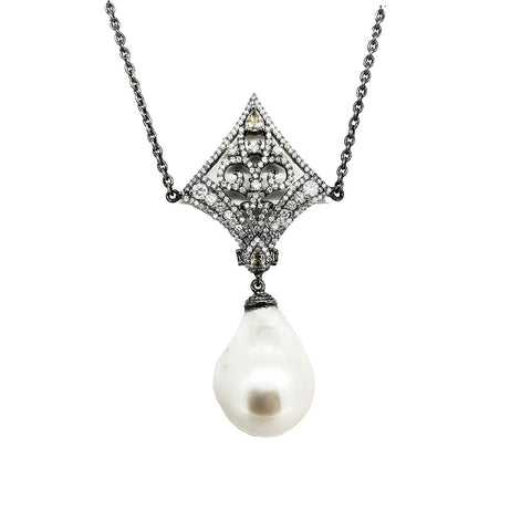 Antique Style Pearl and diamond Pendant Necklace