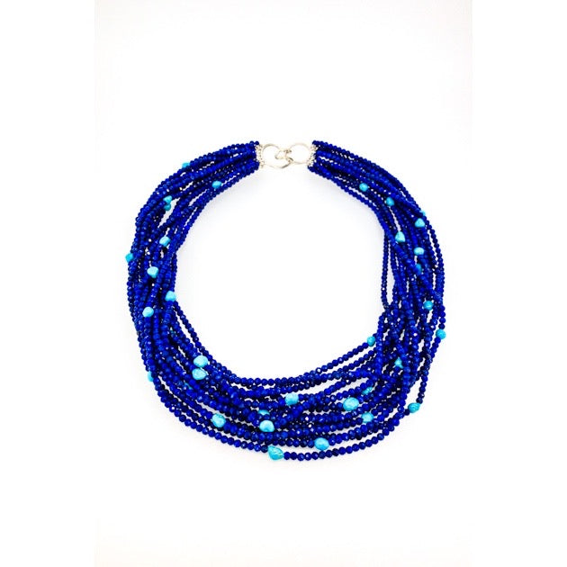 Strand Faceted Lapis Bead and Turquoise Necklace with a Silver Clasp