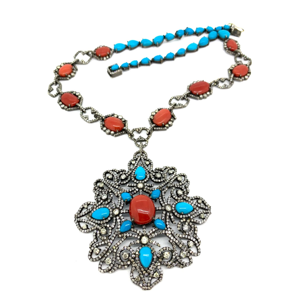 Coral Turquoise and Diamond Necklace