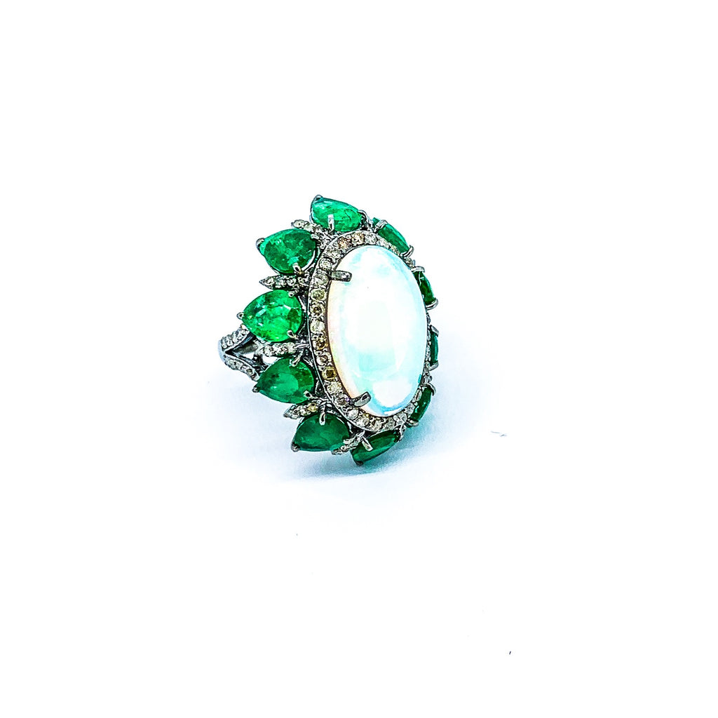 Opal , Emerald and Diamond Ring