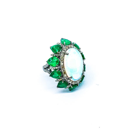 Opal , Emerald and Diamond Ring