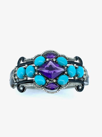 Black Enamel Sleeping Beauty Turquoise Amethyst Diamond Bangle Bracelet
