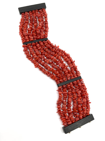 Seven Strand Mediterranean Red Coral and  Ebony Wood Bracelet