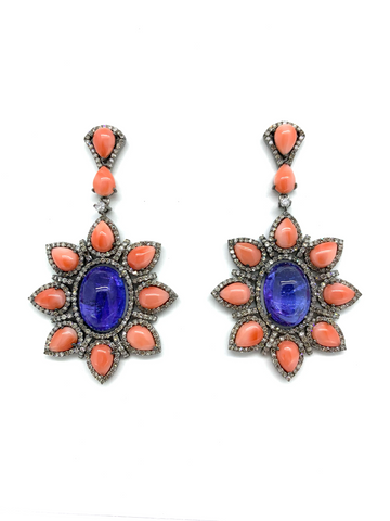 Tanzanite ,coral and diamond statement earrings