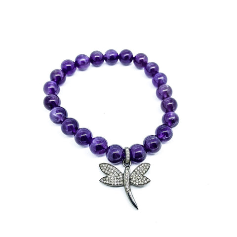 Amethyst bead stretch bracelet with diamond dragonfly charm