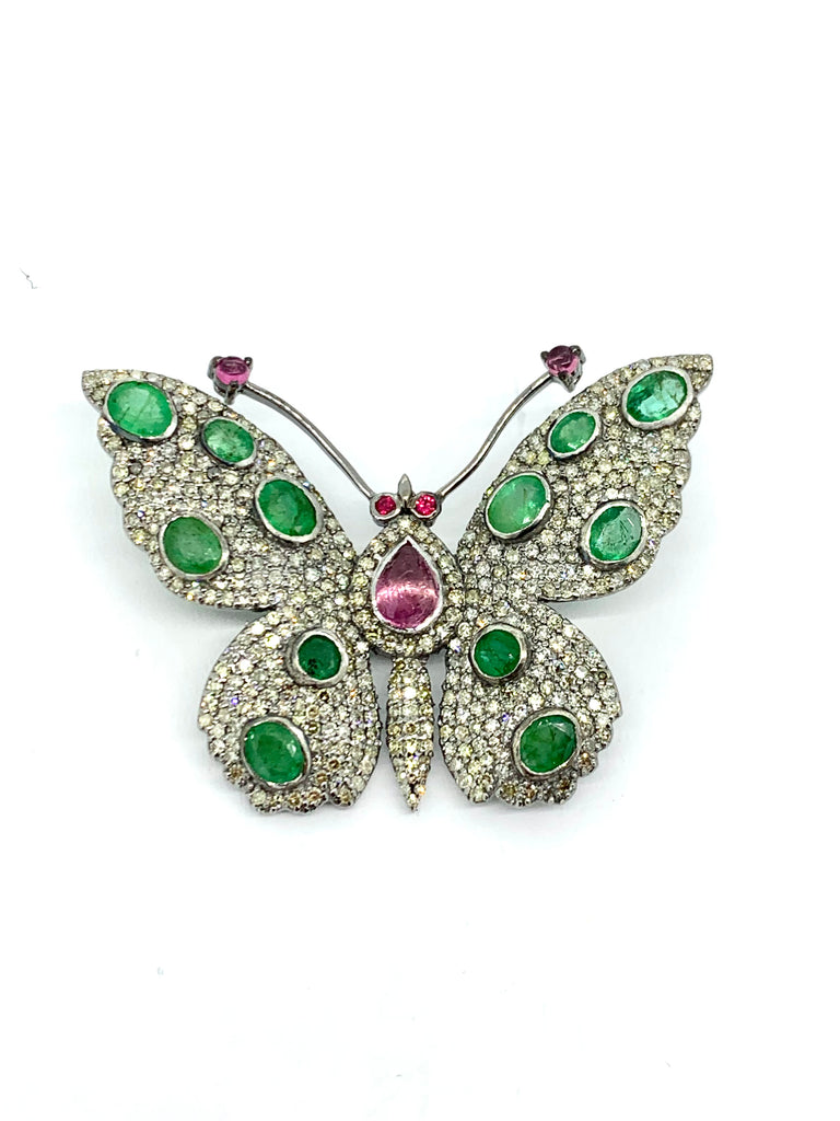 Emerald , diamond and pink Tourmaline butterfly  Pin / pendant