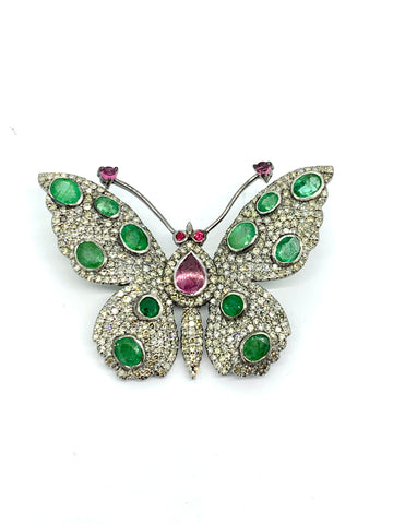 Emerald , diamond and pink Tourmaline butterfly  Pin / pendant