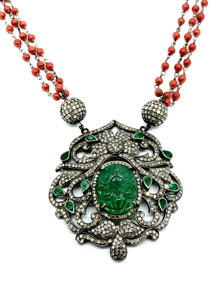 Carved Emerald ,Red Coral and Diamond Necklace