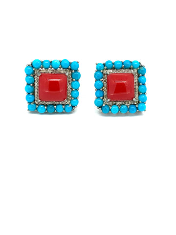 Coral ,Turquoise and diamond Earrings