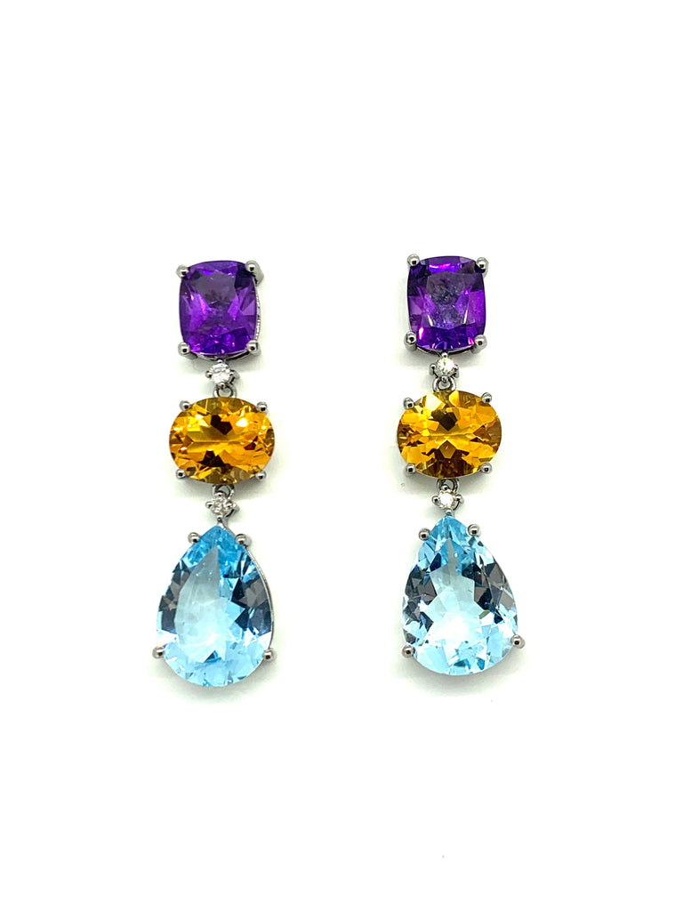 Amethyst,Citrine. Blue topaz and Diamond Earrings
