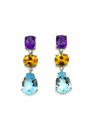 Amethyst,Citrine. Blue topaz and Diamond Earrings