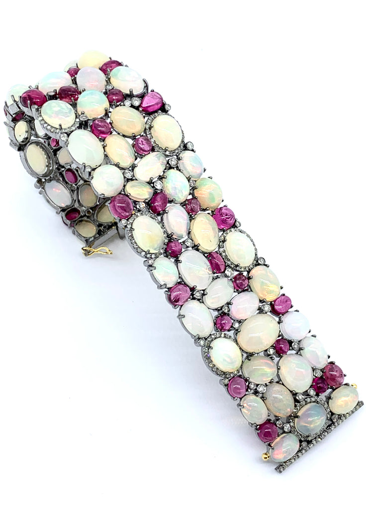 Opal ,Rubellite Tourmaline ,and Diamond Bracelet
