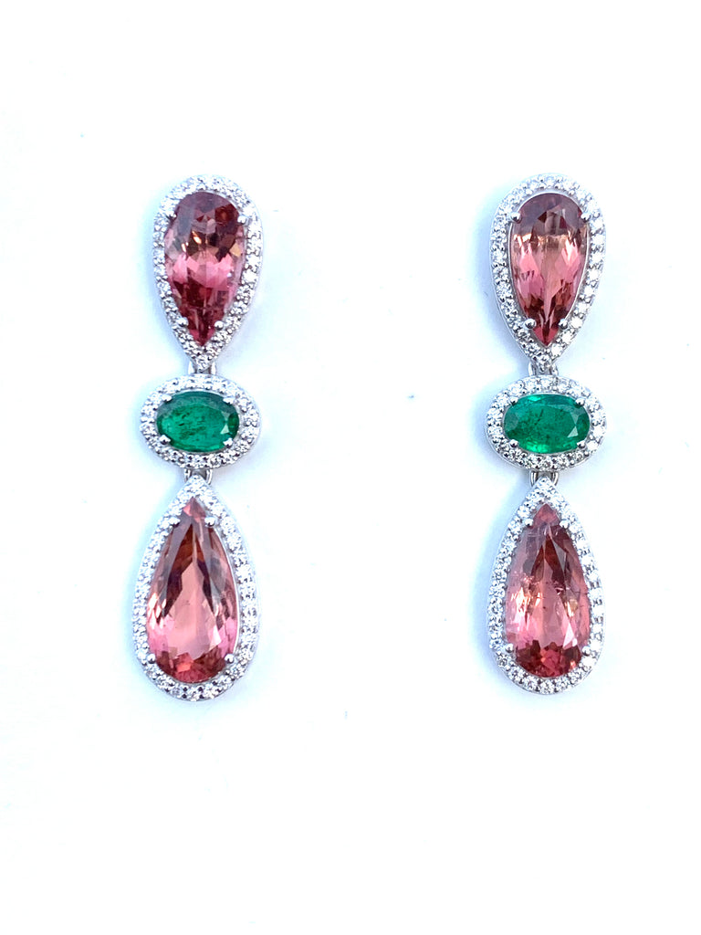 Pink Tourmaline , Emerald and Diamond Drop Earrings