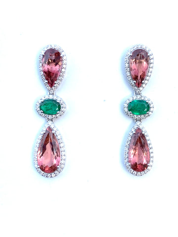 Pink Tourmaline , Emerald and Diamond Drop Earrings