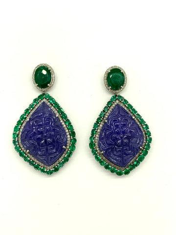 Carved Tanzanite ,emerald and diamond earrings