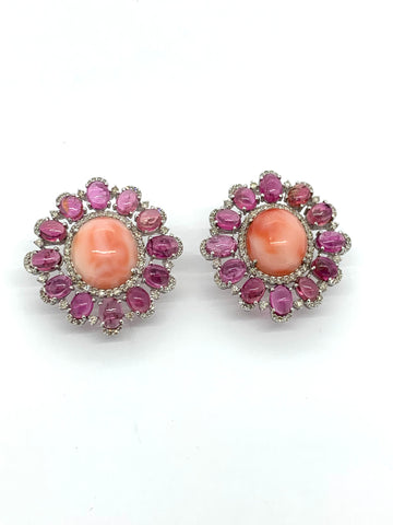 Coral, Pink Tourmaline And Diamond Earrings