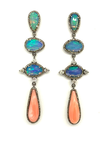 Opal, Coral and Diamond Earrings