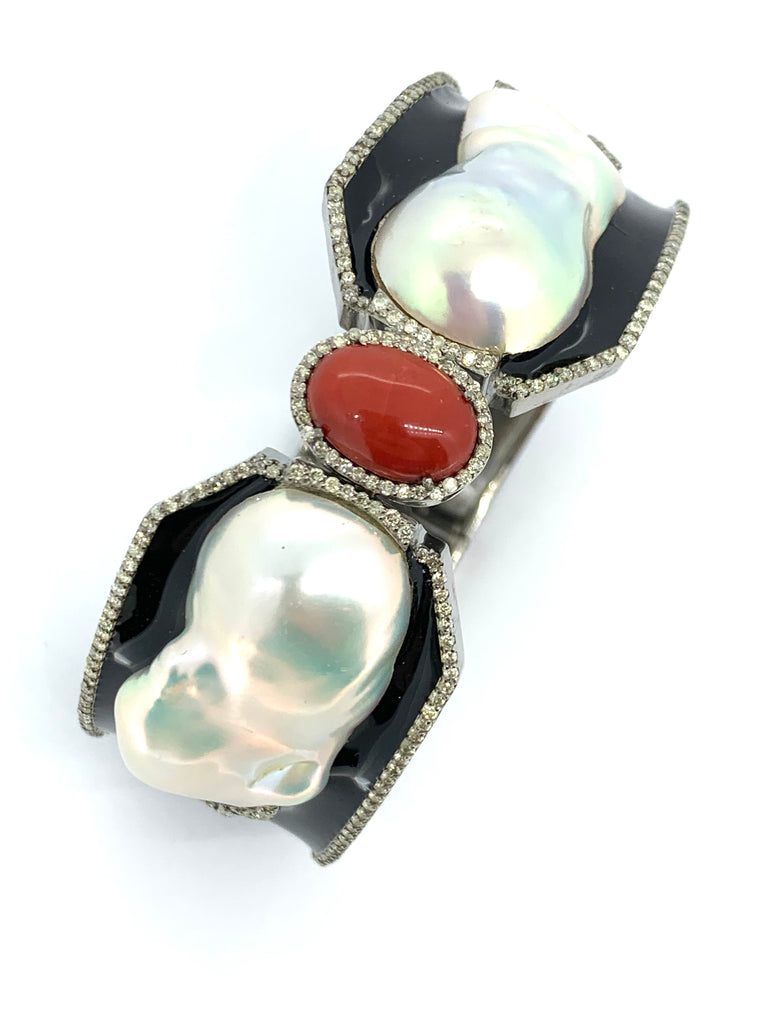 Turquoise ,Baroque Pearl ,Diamond Bangle with Black Enamal