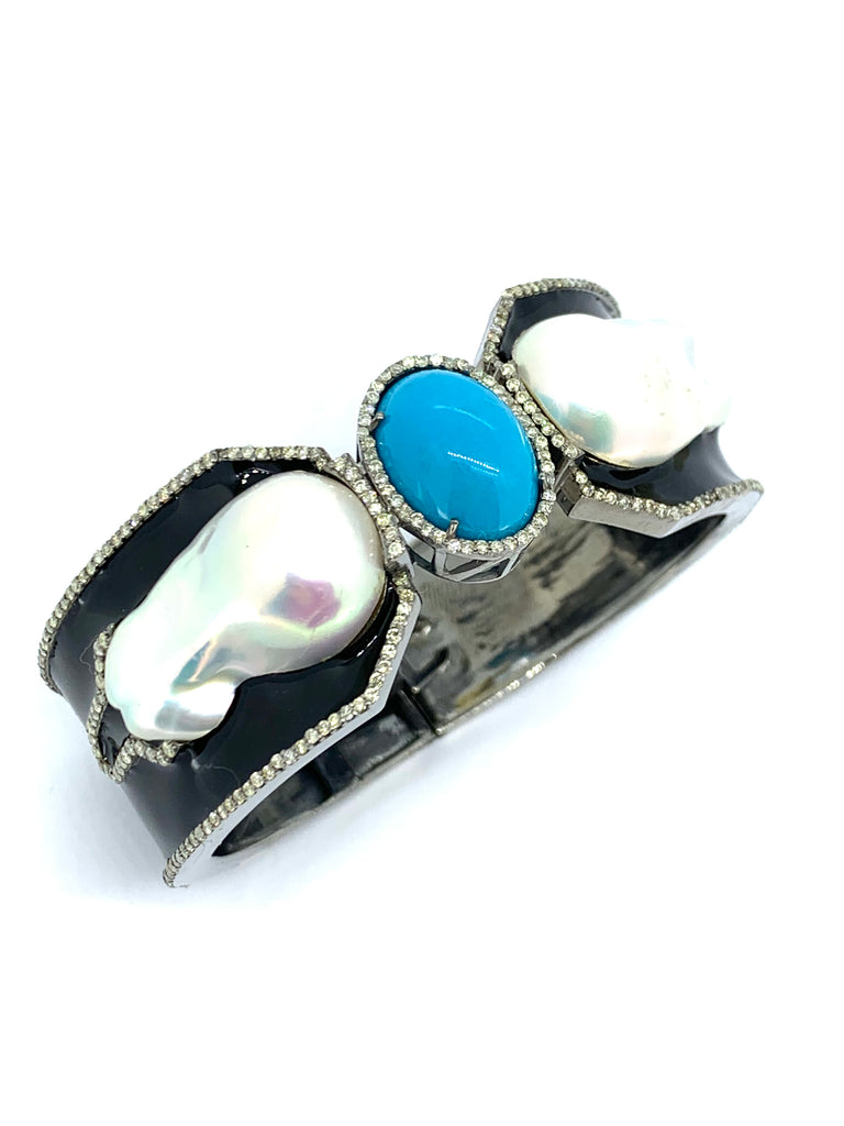 Turquoise ,Baroque Pearl ,Diamond Bangle with Black Enamal