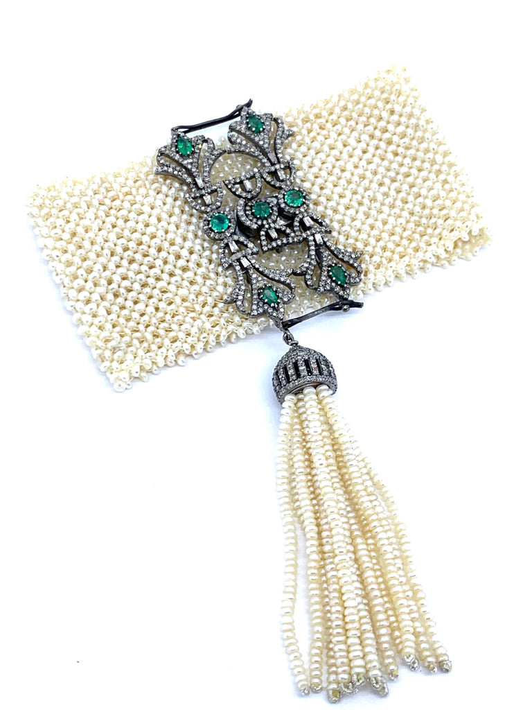 Beautiful Natural Seed Pearl Emerald and Diamond Tassel Bracelet