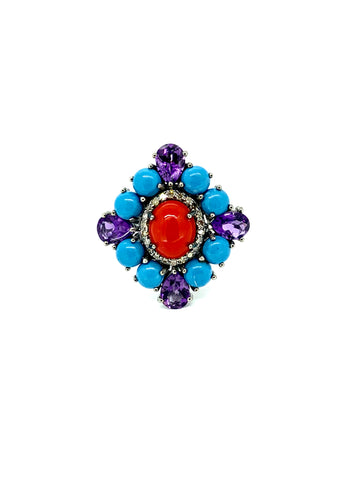 Coral,Turquoise , Amethyst and diamond Ring