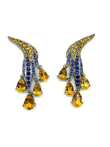 Blue and Yellow Sapphire Earrings With Citrine Drops