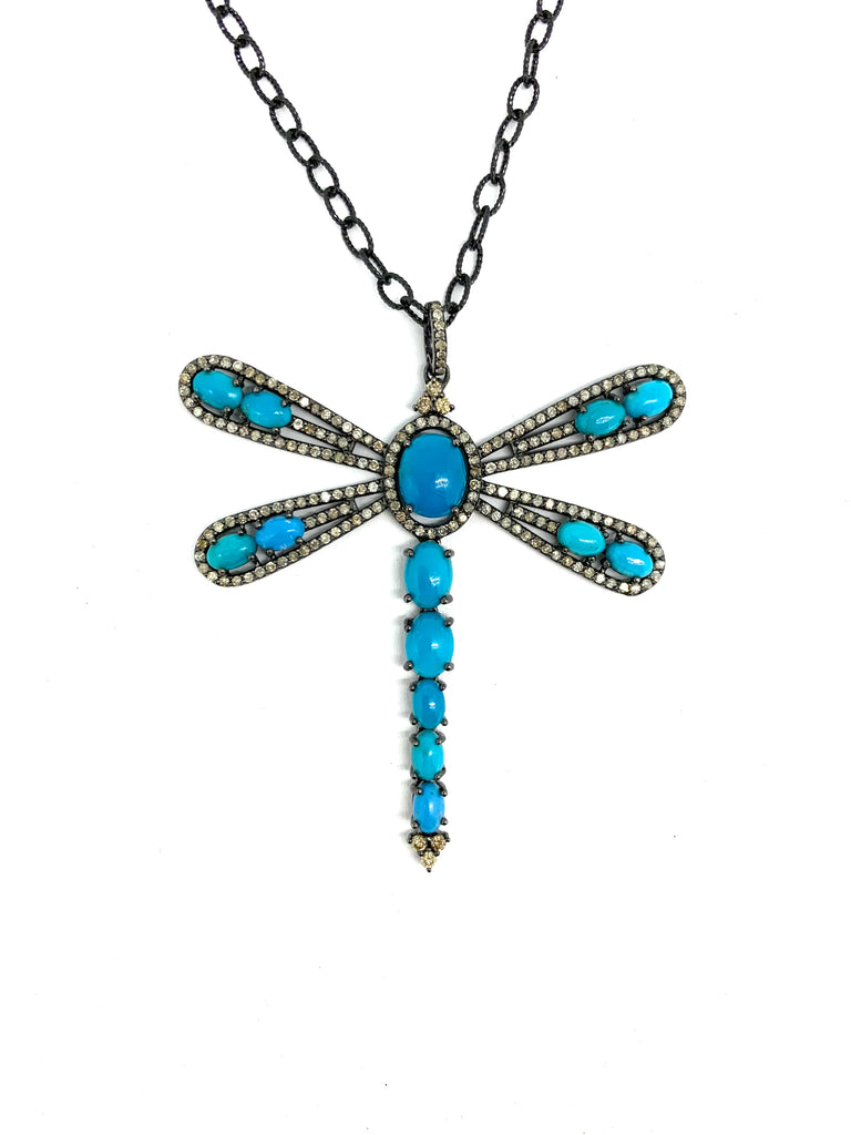 Turquoise and Diamond Dragonfly Pendant