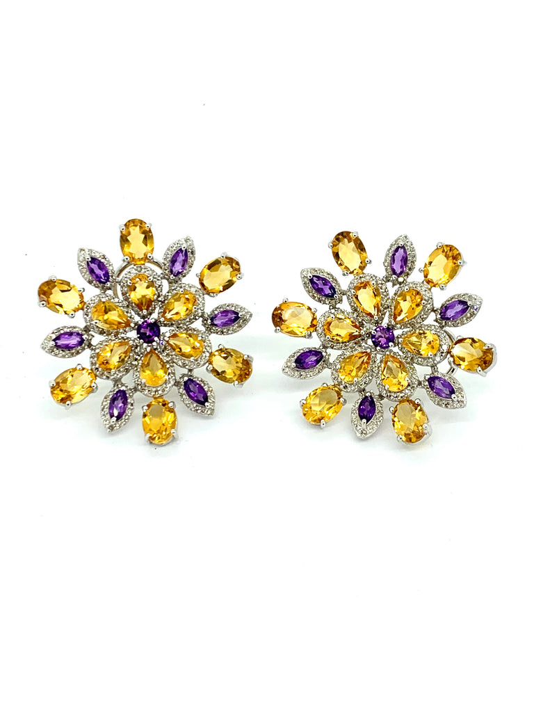 Amethyst Citrine and Diamond Star Burst Earrings