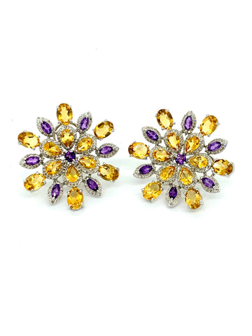 Amethyst Citrine and Diamond Star Burst Earrings