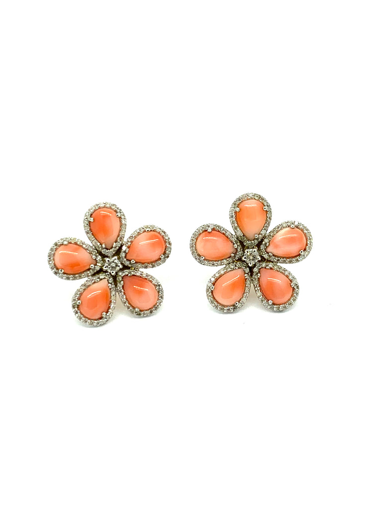 Angel Skin Coral and Diamond Flower Earrings