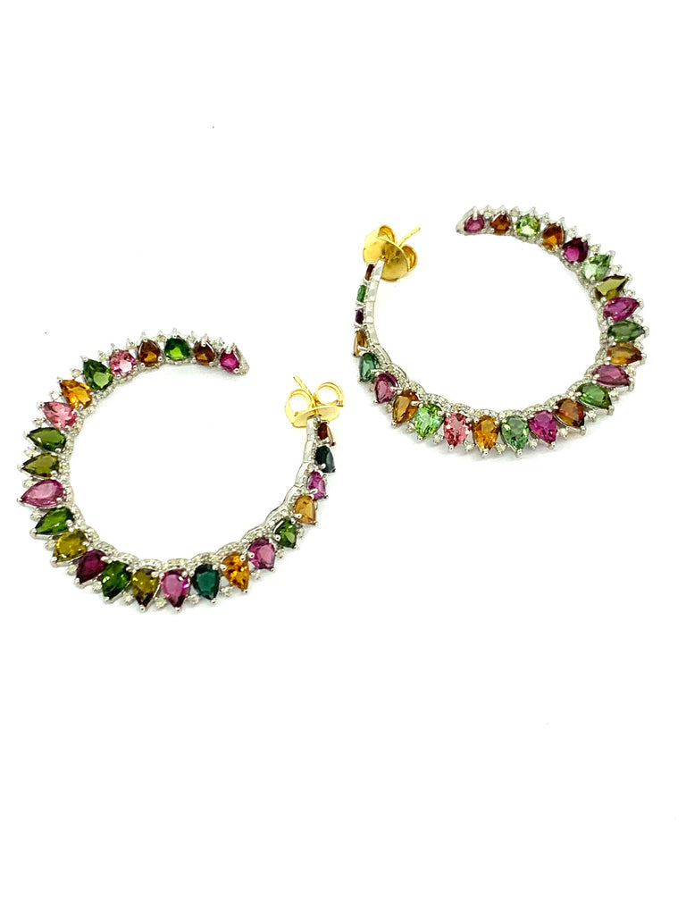Multicolor Tourmaline and Diamond Curved Hoop Earrings