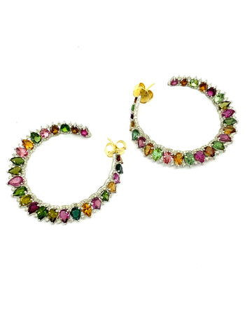 Multicolor Tourmaline and Diamond Curved Hoop Earrings