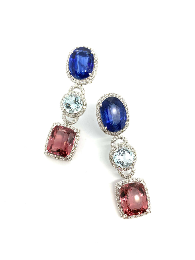 Tourmaline ,Kyanite,Aquamarine and Diamond Earrings