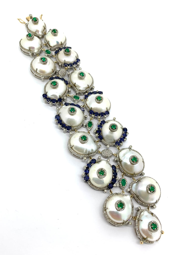 Button Pearl,Sapphires,Emeralds and Diamond Statement Bracelet