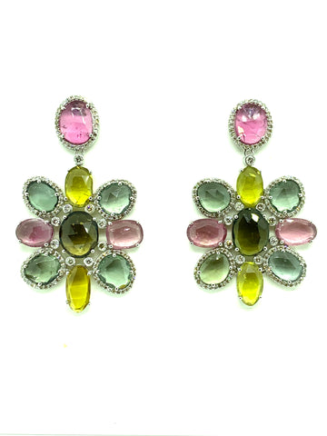 Multicolor Slice Tourmaline And Diamond Earrings