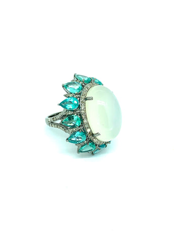Moonstone , Apatite and Diamond Ring