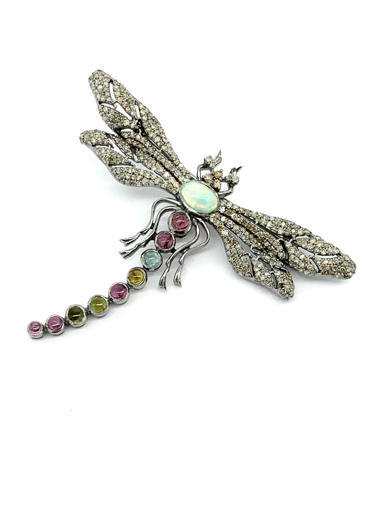 Opal, Diamond and Multicolor Tourmaline Dragonfly Pendant and Brooch