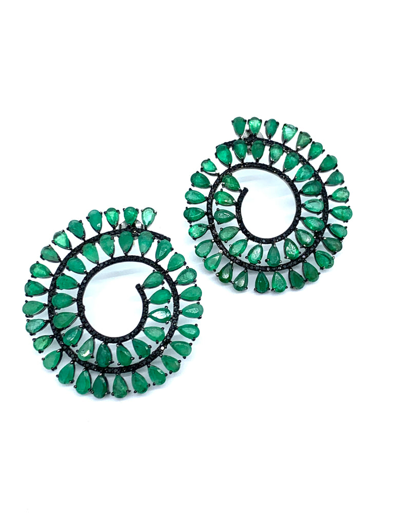 Emerald And Black Spinel Circular Earrings