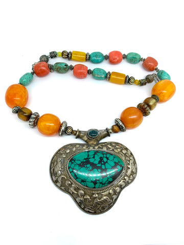 Large Tibetan Turquoise,Amber and Coral Statement Necklace