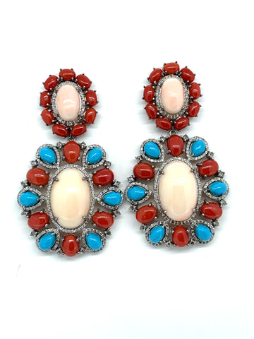 Coral Turquoise and Diamond Statement Earrings