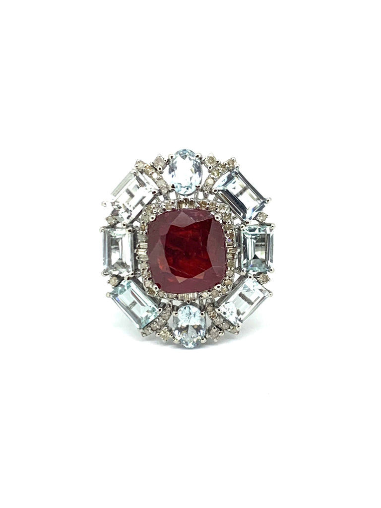 Ruby Aquamarine and Diamond Ring