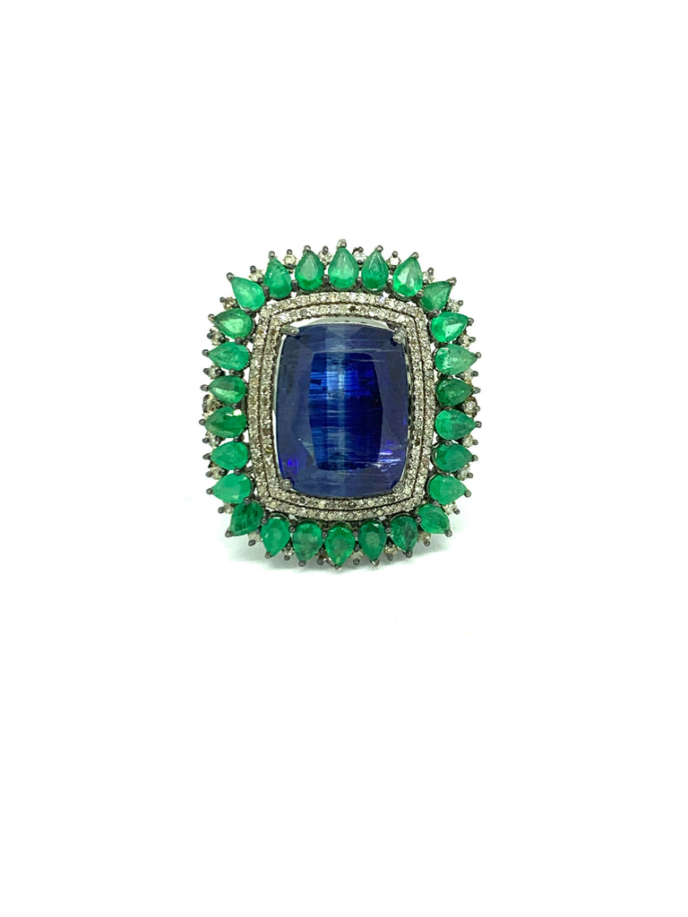 Kyanite Emerald and Diamond Statement Ring