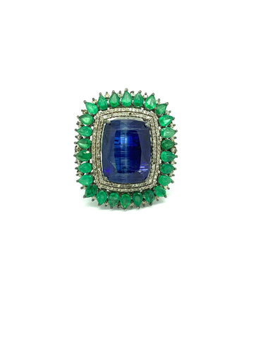 Kyanite Emerald and Diamond Statement Ring