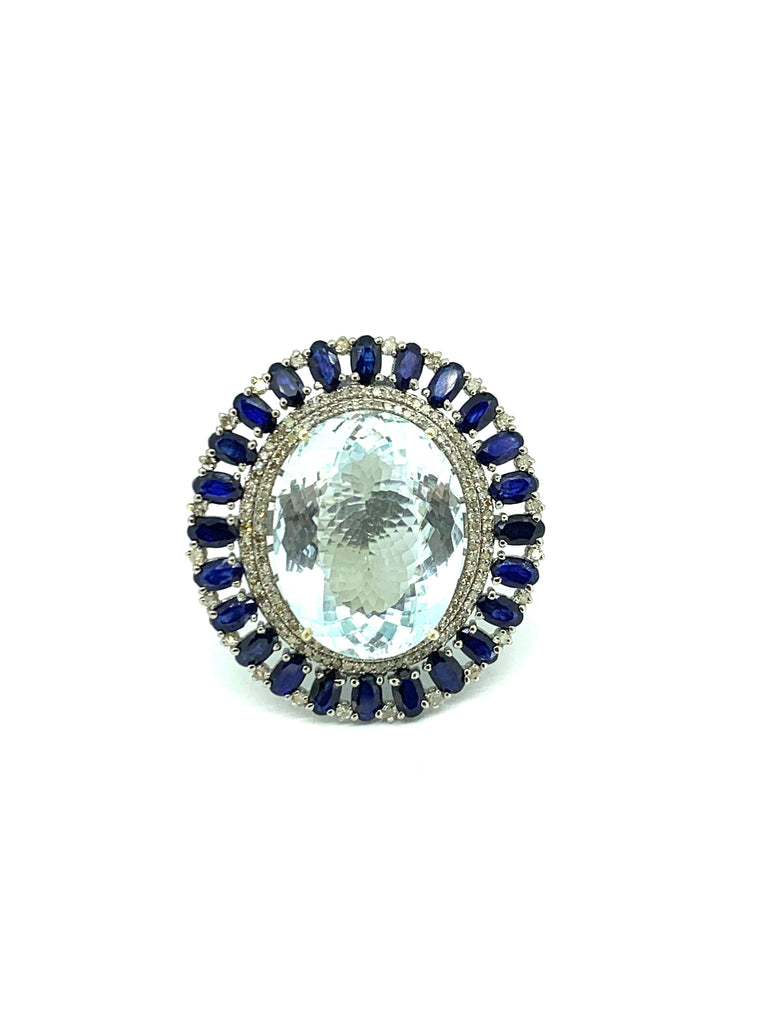 Large Aquamarine Sapphire and Diamond Statement Ring