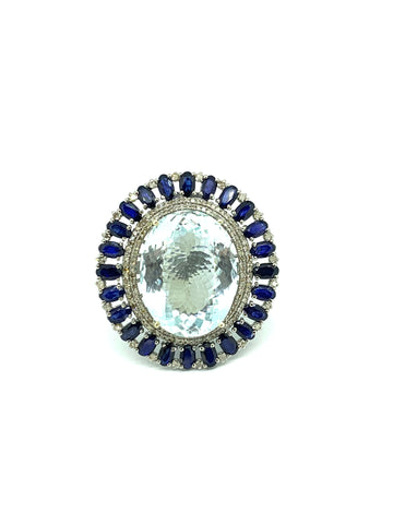 Large Aquamarine Sapphire and Diamond Statement Ring