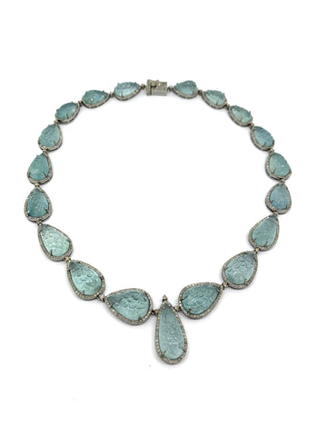 Beautiful Carved Aquamarine and Diamond Necklace